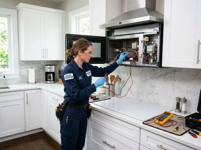 Appliance Repair Hero technician testing an over-the-range microwave in a Ackerman, MS kitchen